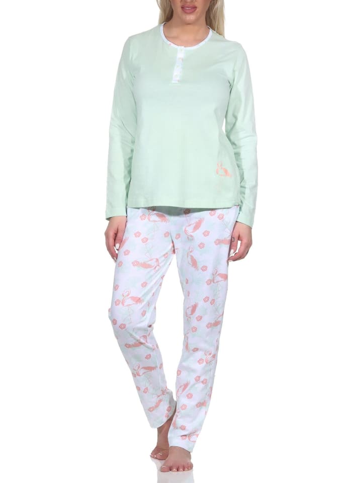 Schlafanzug Langarm Pyjama Flamingo und Knopfleiste am Hals - 78548 in grün