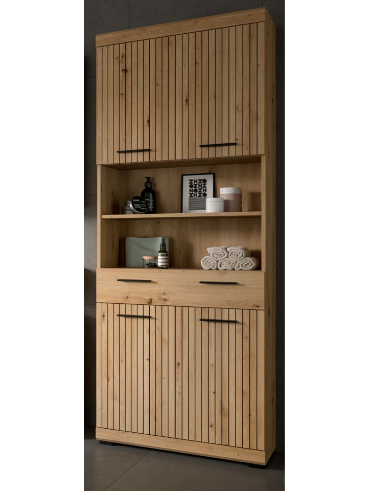 Hochschrank in Eiche Artisan 74 x 191 cm, Badschrank mit viel Stauraum
