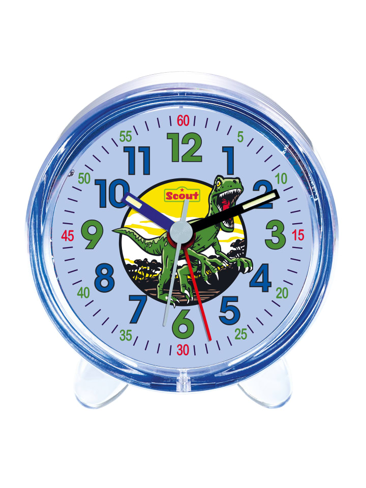 Scout Wecker analog mit blauem Gehäuse, Lernziffernblatt und Dino-Motiv in blau