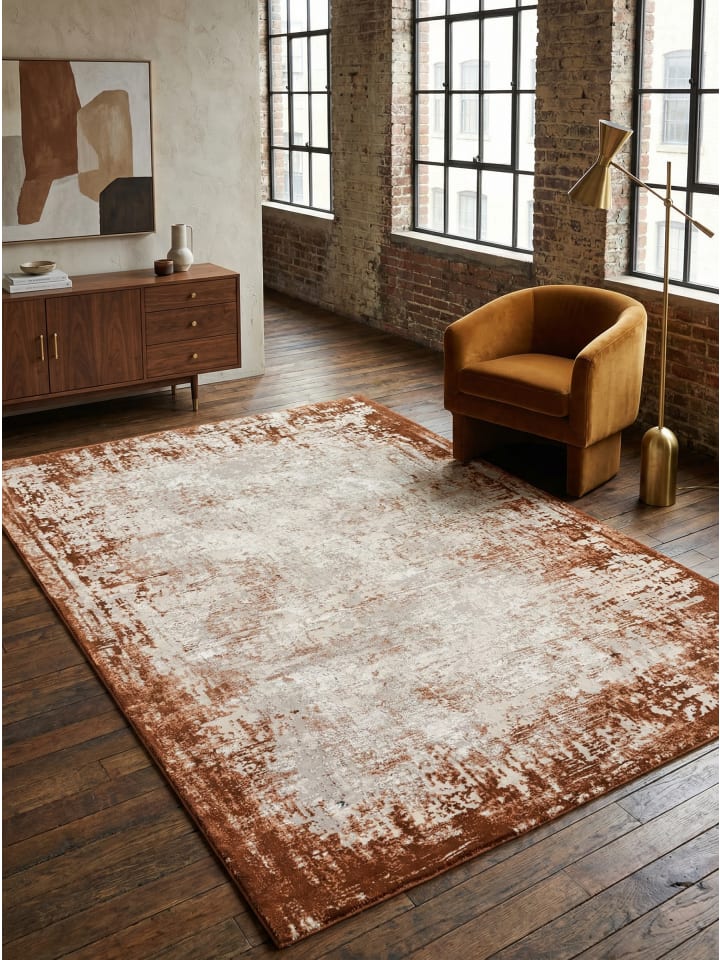 Teppich Velours, Hochwertiges Design, Wohn-Esszimmer, Komfortabel in Terrakotta