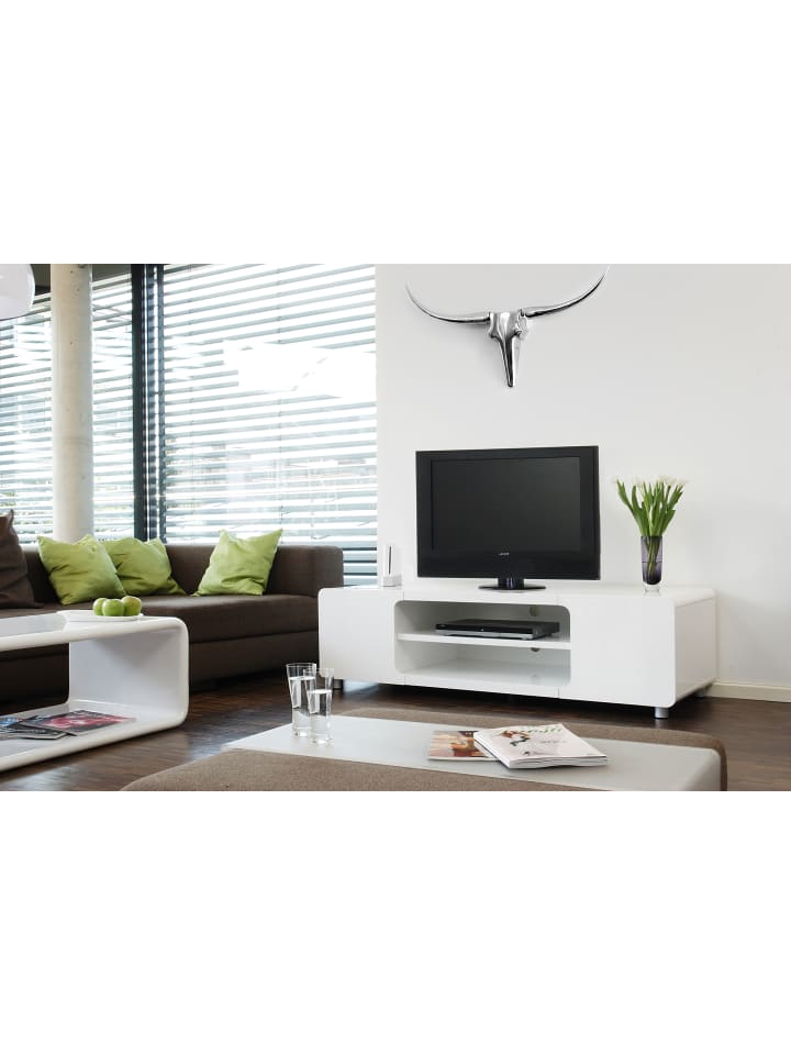 Lowboard 160 cm modern mit Stauraum - Füße Chrom und MDF Hochglanz in Weiß