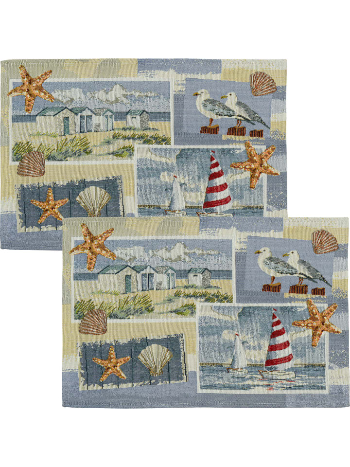 Baumwollmischung, Gewebt, Gobelin Tischset 2er-Pack Beach house in hellblau-rot
