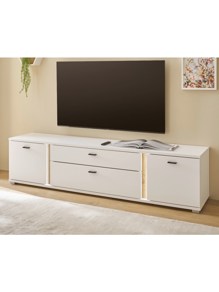 TV-Lowboard weiß matt, Eiche Wotan 201 cm, TV Unterteil inkl. Frontbeleuchtung