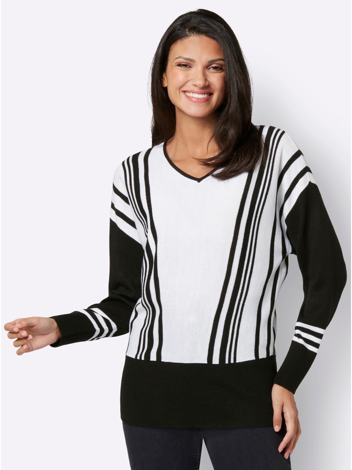 V-Pullover in weiß-schwarz-gestreift