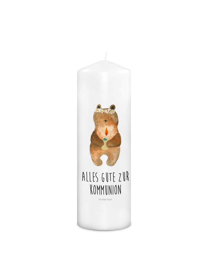 Kerze Bär Kommunion mit Spruch in Weiß