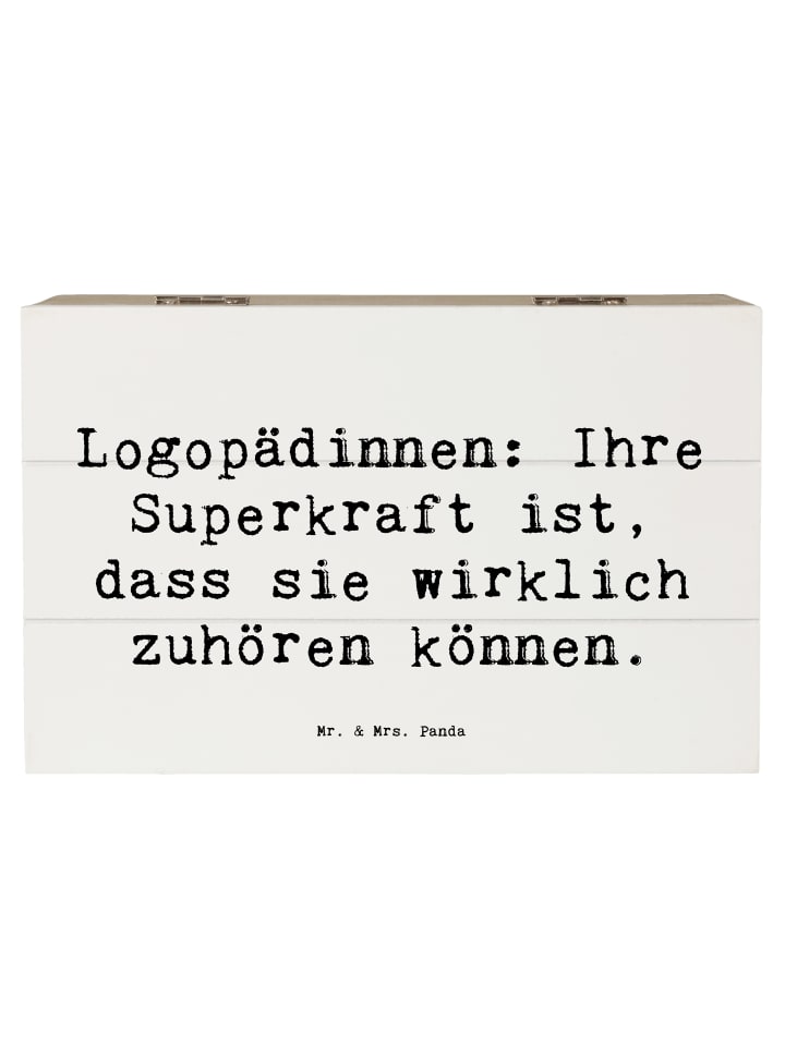 Holzkiste Spruch Logopädin Superkraft mit Spruch in Weiß