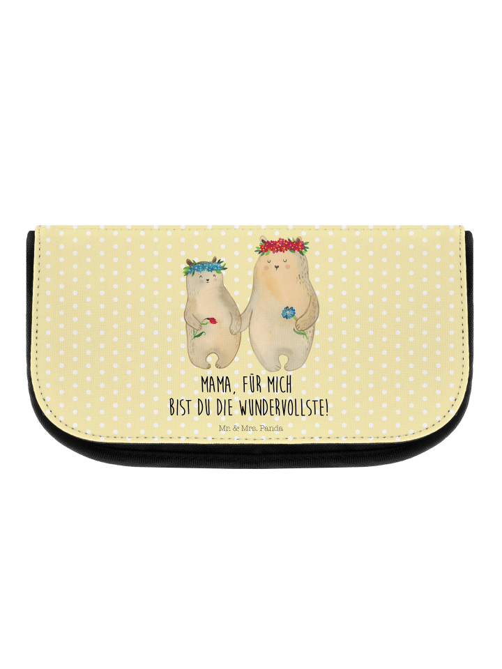 Kosmetiktasche Bären mit Blumenkranz mit Spruch in Gelb Pastell