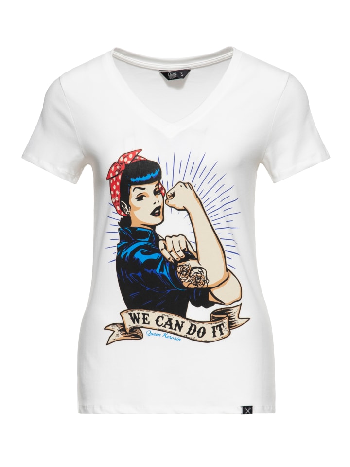 Queen Kerosin Kurzarmshirt mit großem Vintage Druck vorne We can do it in offwhite