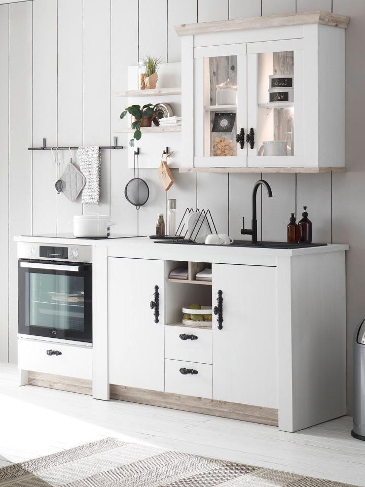 Küche in weiß Pinie Landhaus 191 cm 4-teilig, Küchenzeile mit Soft-Close