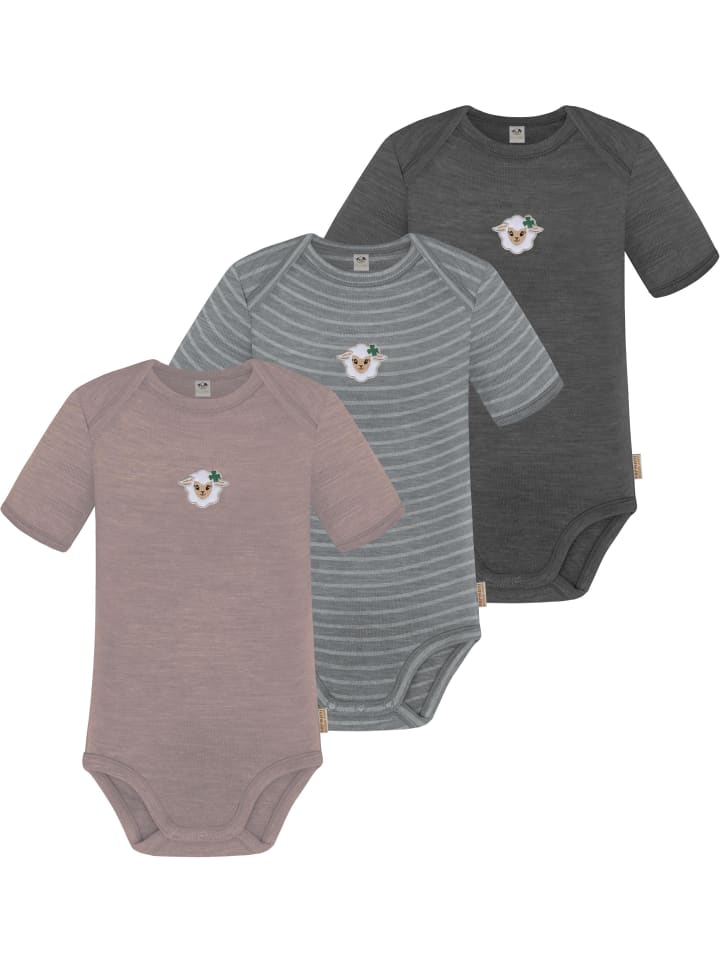 3er Set Baby Merino Body Kurzarm Tauranga in Anthrazit/Grau/Rosa