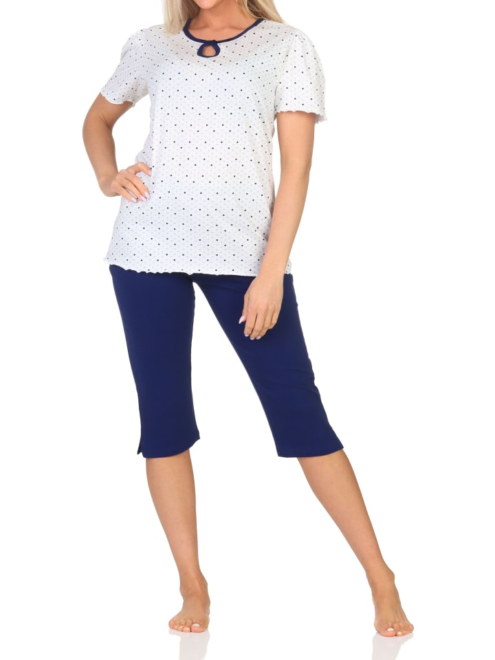 Kurzarm Schlafanzug Capri Pyjama Tupfen Punkte Optik in marine