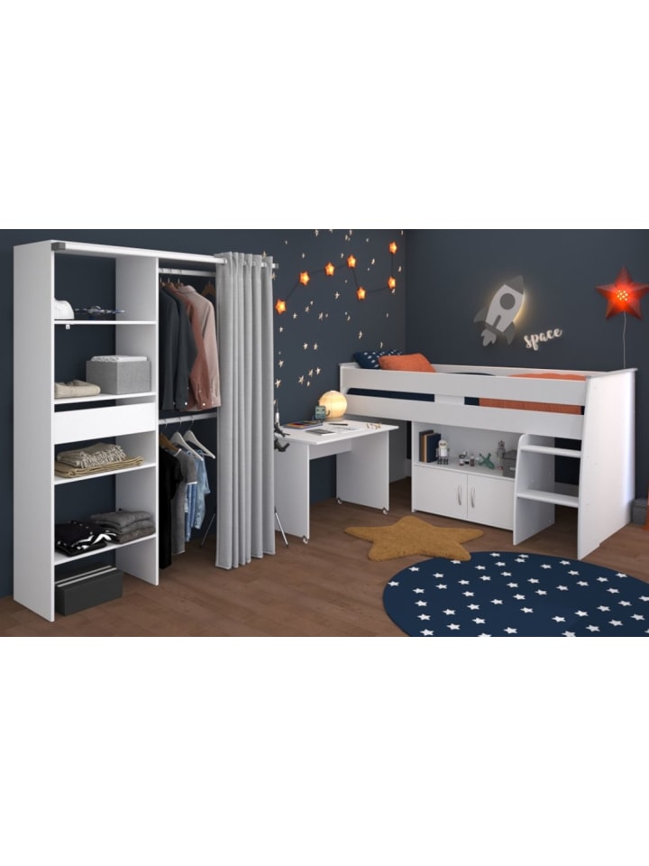 Kinderzimmer weiß 2-teilig, Jugendzimmer-Set mit Stauraumbett und Kleiderschrank