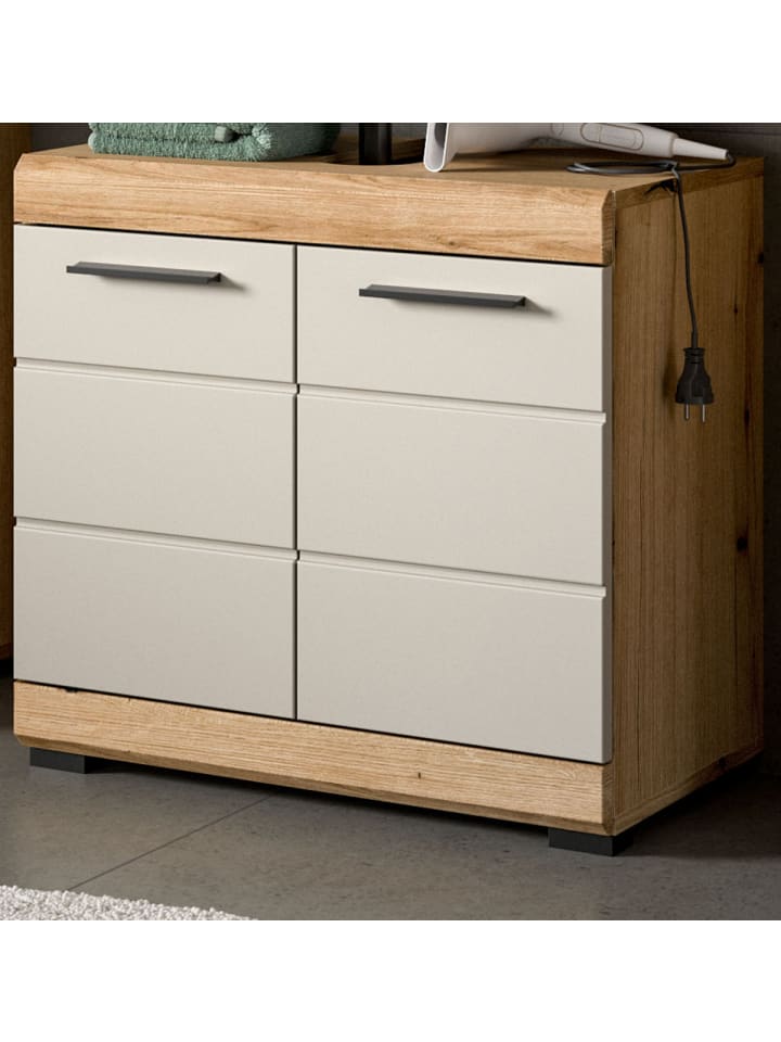 Waschbeckenunterschrank Eiche mit Sand / Kaschmir, Badschrank Breite 60 cm