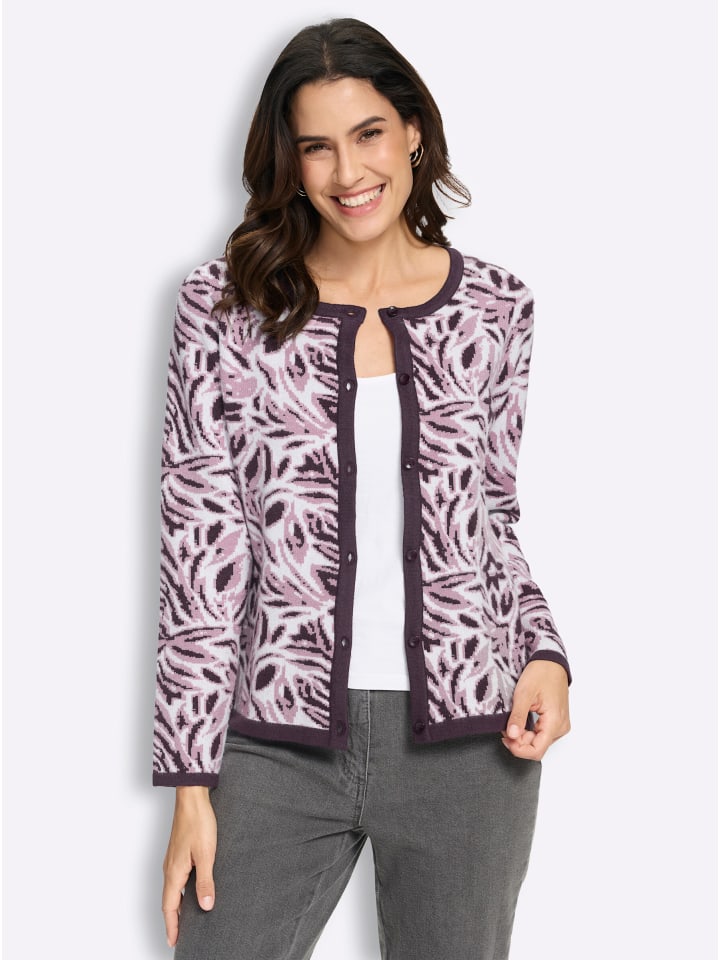 Jacquard-Strickjacke in aubergine-ecru-gemustert
