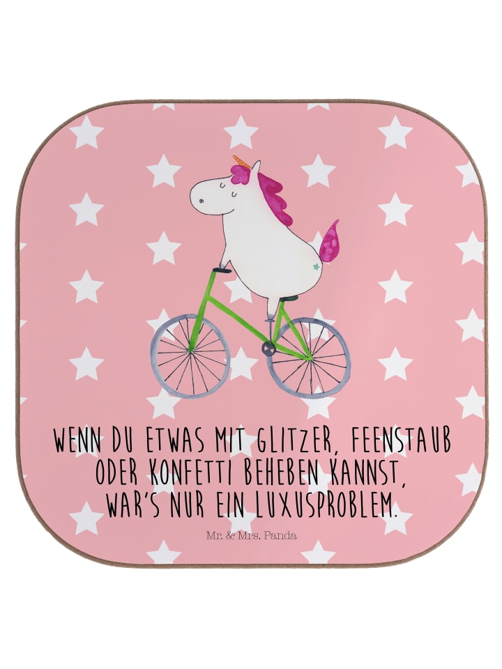 Glasuntersetzer Einhorn Radfahrer mit Spruch in Rot Pastell