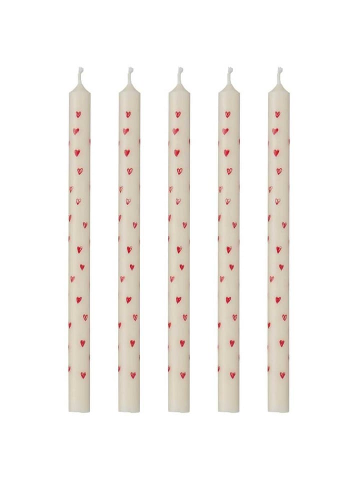 DÜNNE Kerze Weiß mit HERZEN Rot Ø 1,3 cm Länge 20 cm 5er Set