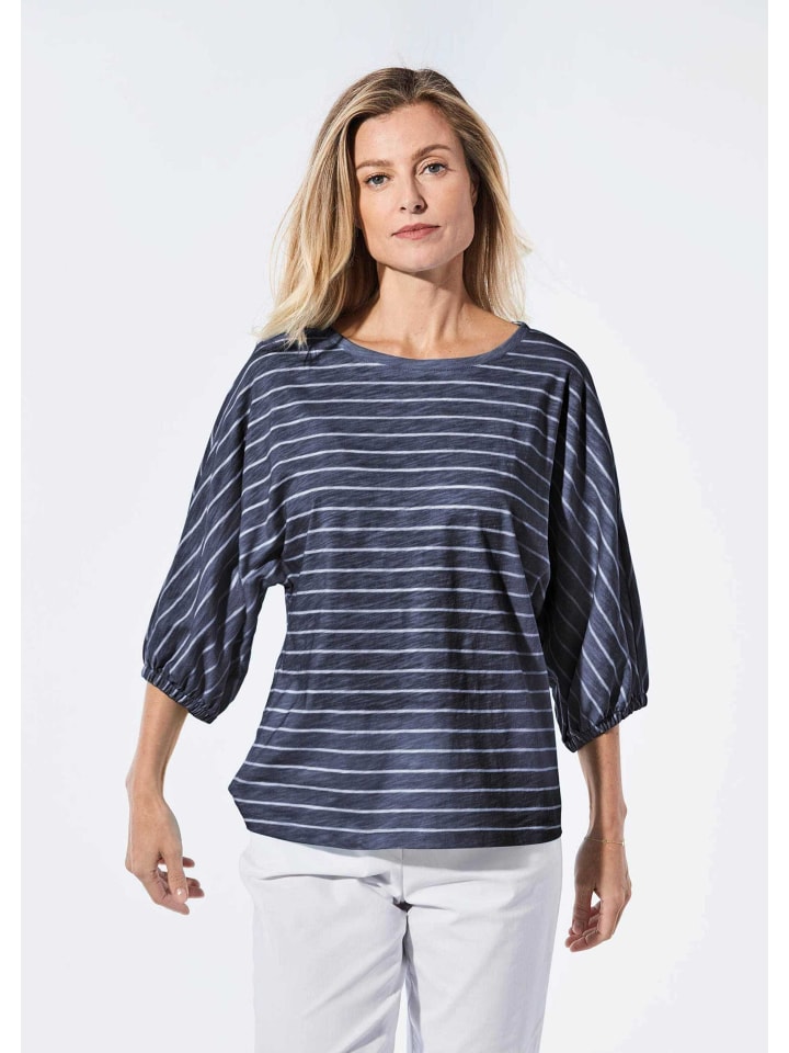 Kurzgröße: Shirt aus Flammengarn im Ringel-Look in marine / weiß / geringelt