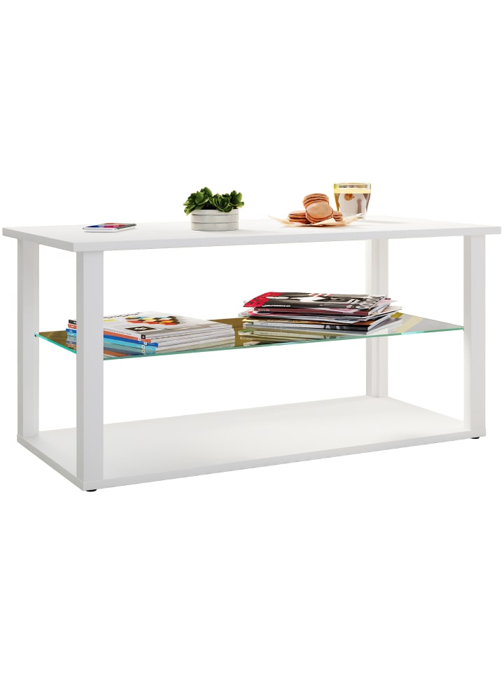 Holz Sofatisch Couchtisch Glas Tisch Wanilo L in Weiß