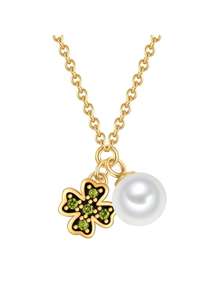 Halskette Kleeblatt aus Sterling Silber mit Zirkonia und Perle in gelbgold