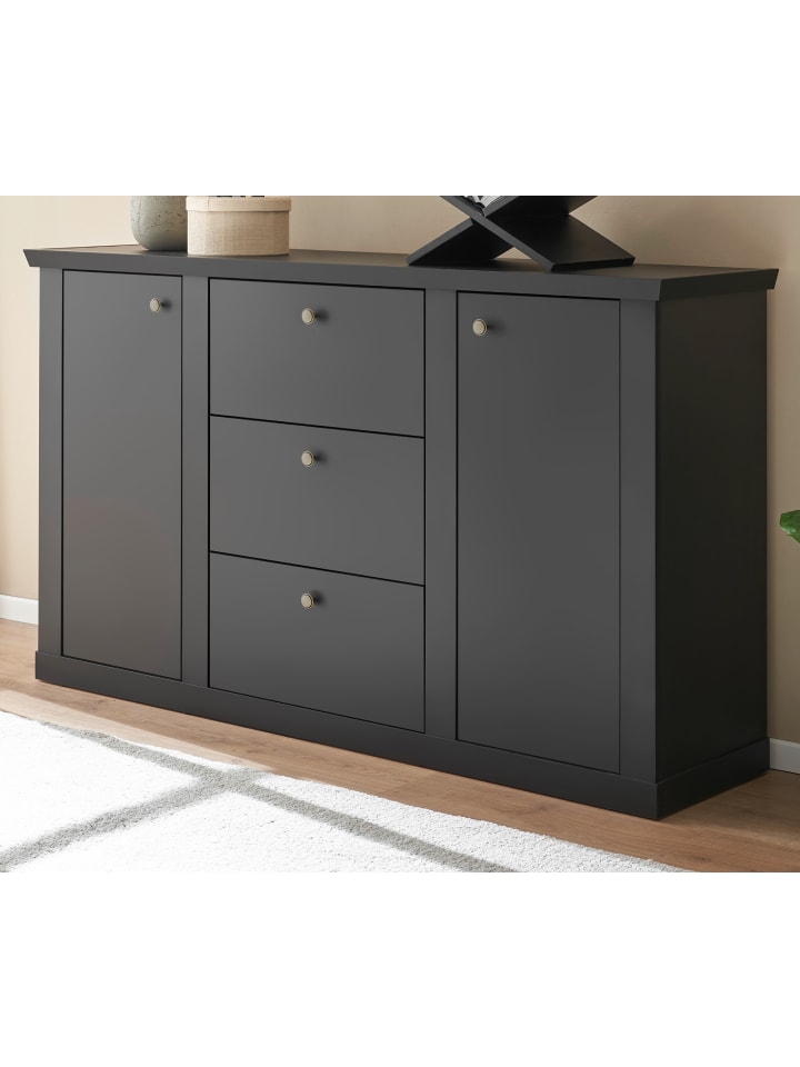 Sideboard schwarz matt, Eiche Landhaus 158 cm, Kommode mit Soft-Close