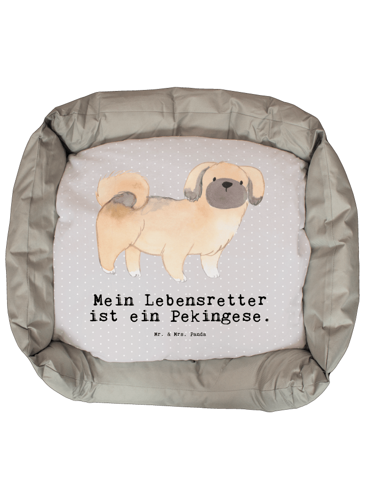 Hundebett Pekingese Lebensretter mit Spruch in Grau Pastell