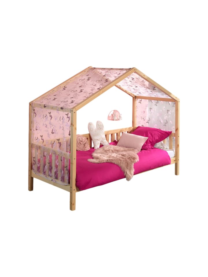 HAUSBETT mit Textilhimmel Kapua 210x170x97 aus Massivholz in Natur