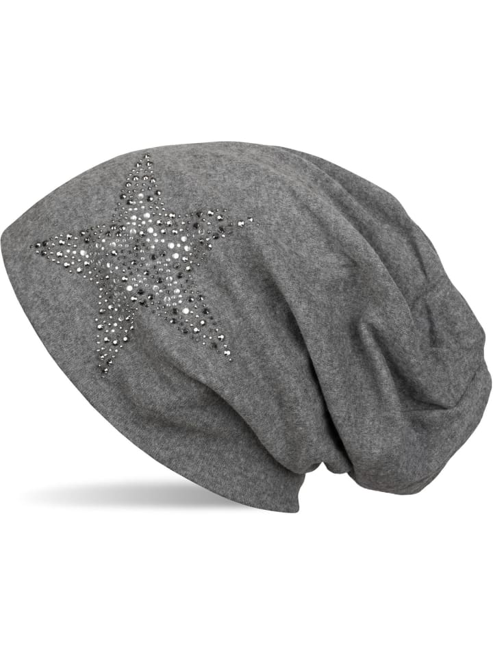 Beanie Mütze mit Strass Stern in Grau meliert