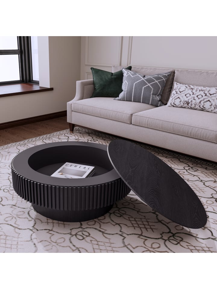 Couchtisch in Schwarz 75 cm mit Stauraum Holzfurnier für Wohnzimmer