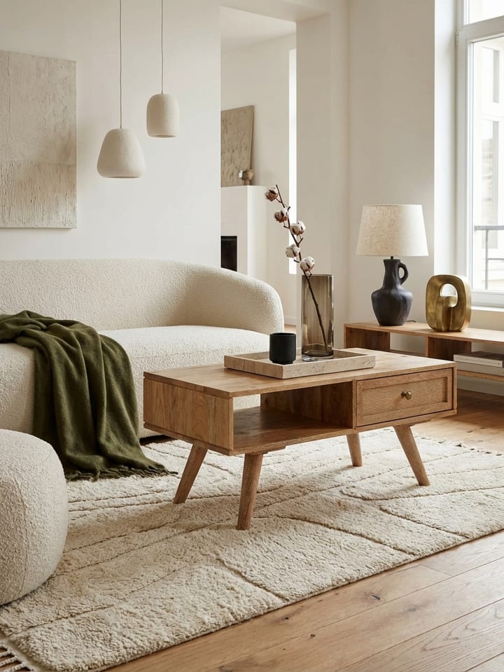 Couchtisch 90x40x45 cm Mango Massivholz / Rattan Wohnzimmertisch