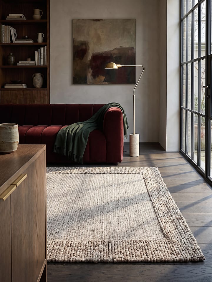 Kurzflor-Teppich fussbodenheizung-geeignet CALDER Zopfbordüre in Beige-Braun