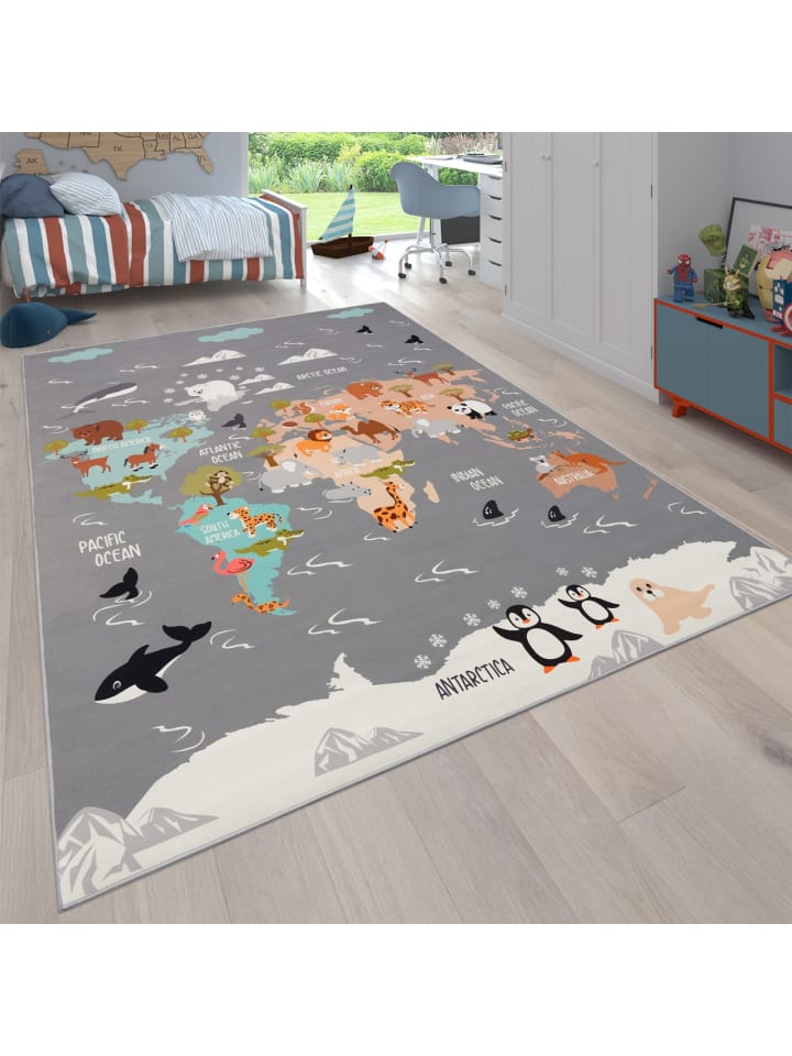 Kinderteppich waschmaschinenwaschbar Tier‑Weltkarten‑Muster in Grau
