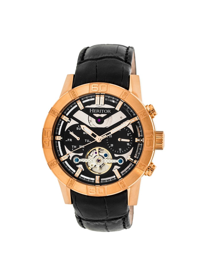 Hannibal Halbskelett-Uhr mit Lederarmband in Rose Gold/Black