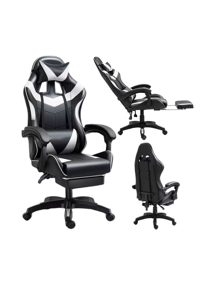 Gaming Stuhl Drehbar Fußstütze Schwarz Weiß