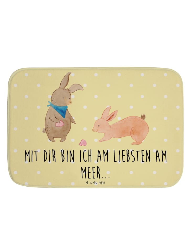 Badezimmerteppich Hasen Muschel mit Spruch in Gelb Pastell