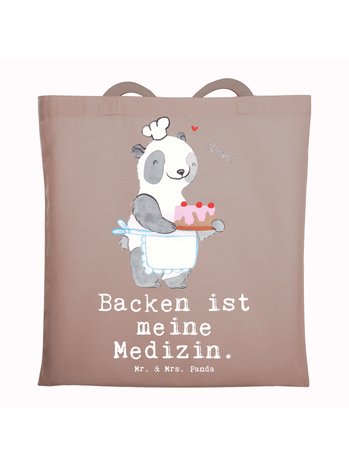 Tragetasche Panda Backen mit Spruch in Braun Pastell