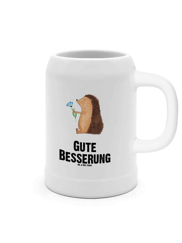 Bierkrug Igel Blumen mit Spruch in Weiß