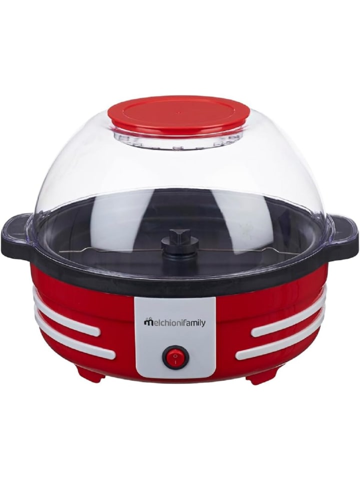 Pop Corn Maker rund, 850 W, mit Drehsystem und Schüsseldeckel in Rot