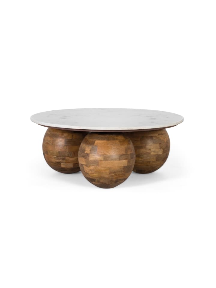 Runder Couchtisch aus Marmor und Teakholz in Gold