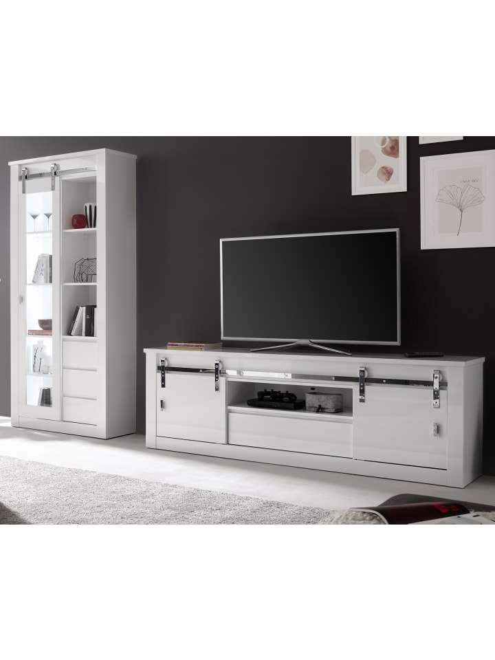 Wohnwand weiß Hochglanz 2-teilig 309 x 201 cm, Wohnkombination mit Soft-Close
