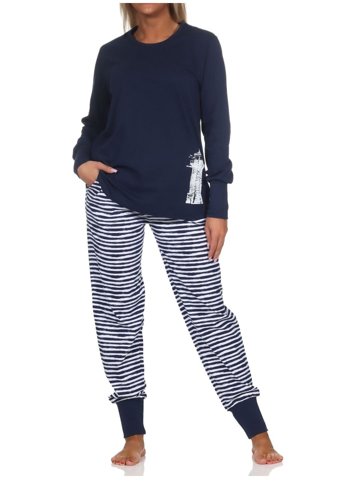 Langarm Pyjama Schlafanzug Bündchen Maritimer Look in marine