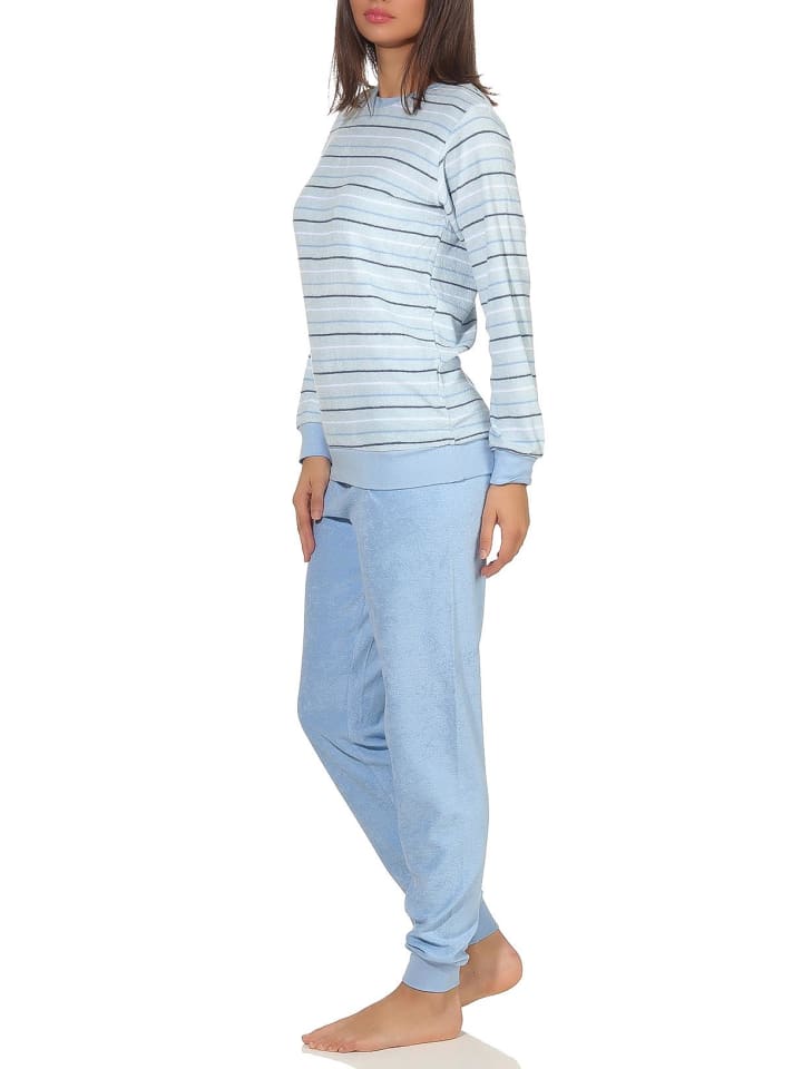 Frottee Pyjama langarm Bündchen Streifen - 49892 in hellblau