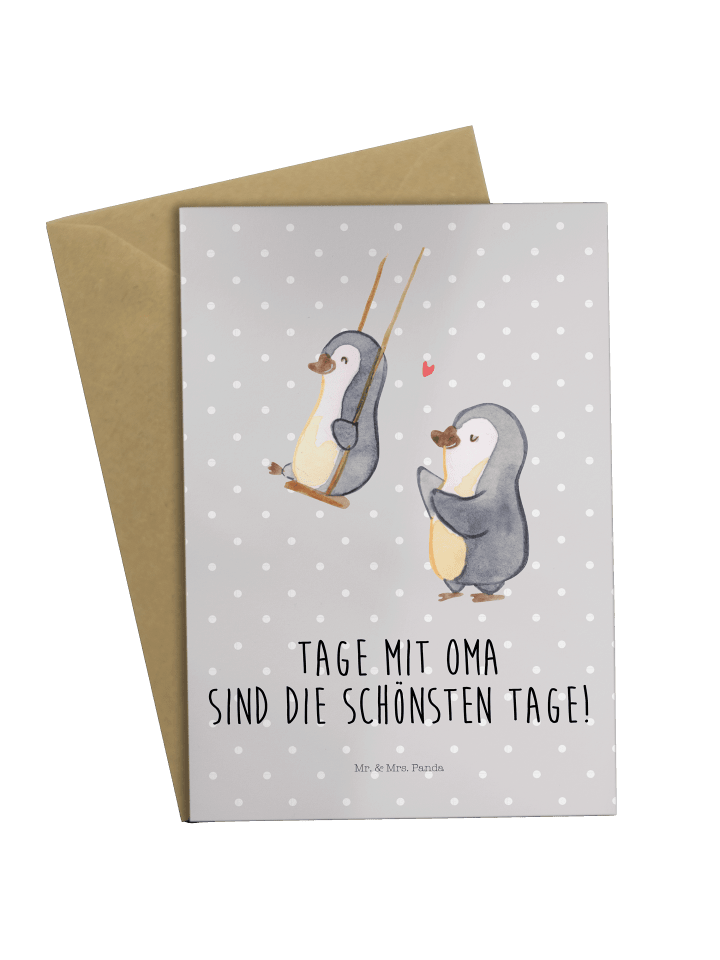 Grußkarte Pinguin Oma schaukeln mit Spruch in Grau Pastell
