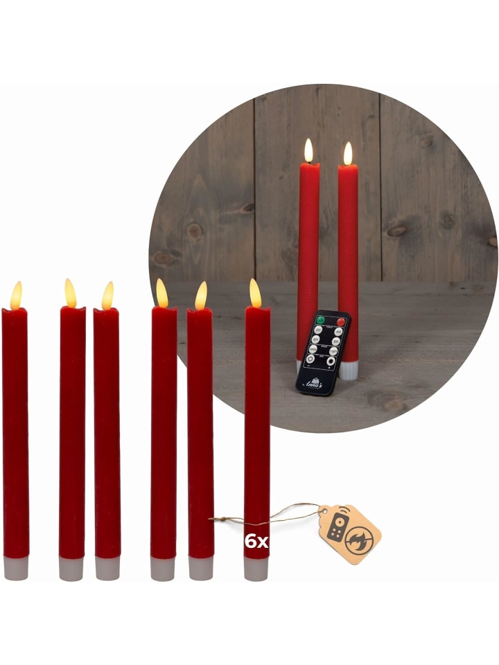 Stabkerzen LED mit Timer ROT 6 Stück indoor - 6 Stunden - ECHTWACHS 18 in Rot