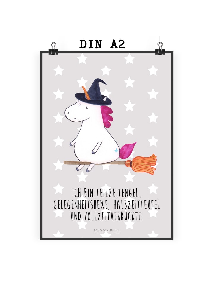 Wandbild Einhorn Hexe mit Spruch in Grau Pastell