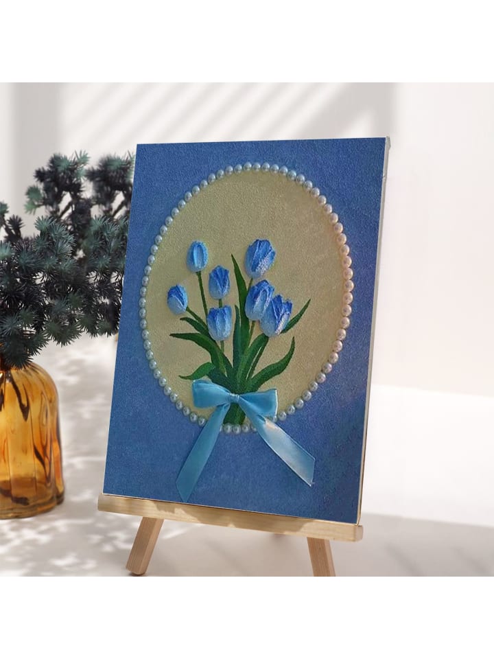  Exlusive 3D-Strukturmalerei Set – Lila Tulpen mit Perlen und Schleifenband