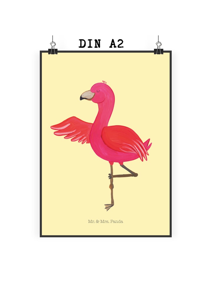 Wanddeko Bild Flamingo Yoga ohne Spruch in Gelb Pastell