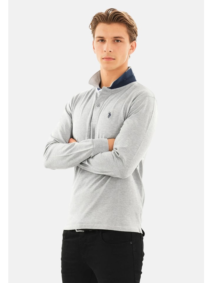 Longsleeve USJayson – Herren Langarm Poloshirt mit Logo-Stickerei in Grau-Navy