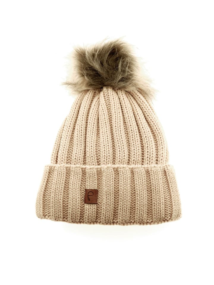 Mütze zum Warmhalten im Herbst oder Winter Bommel-Mütze mit Futter in Beige