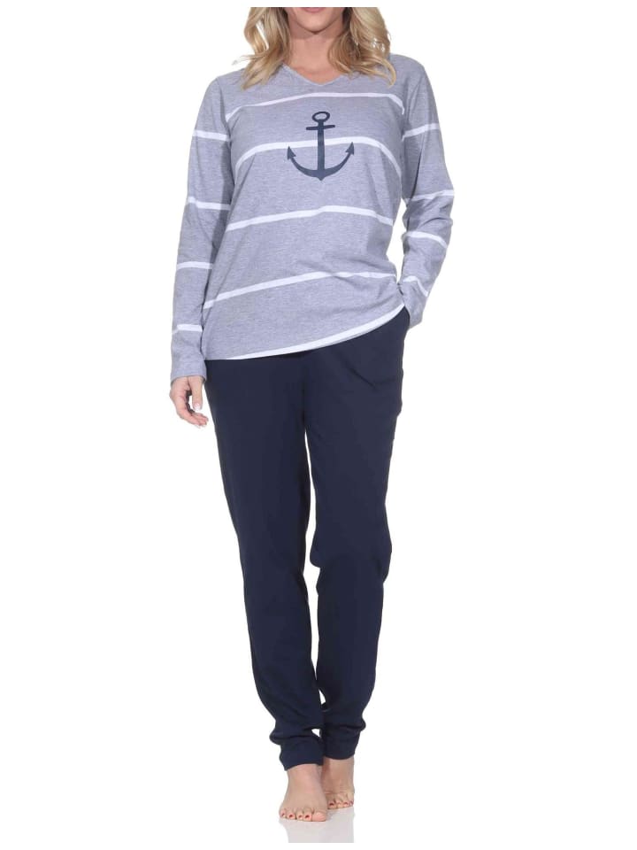 Langarm Pyjama Schlafanzug Maritimer Look in grau-mel.