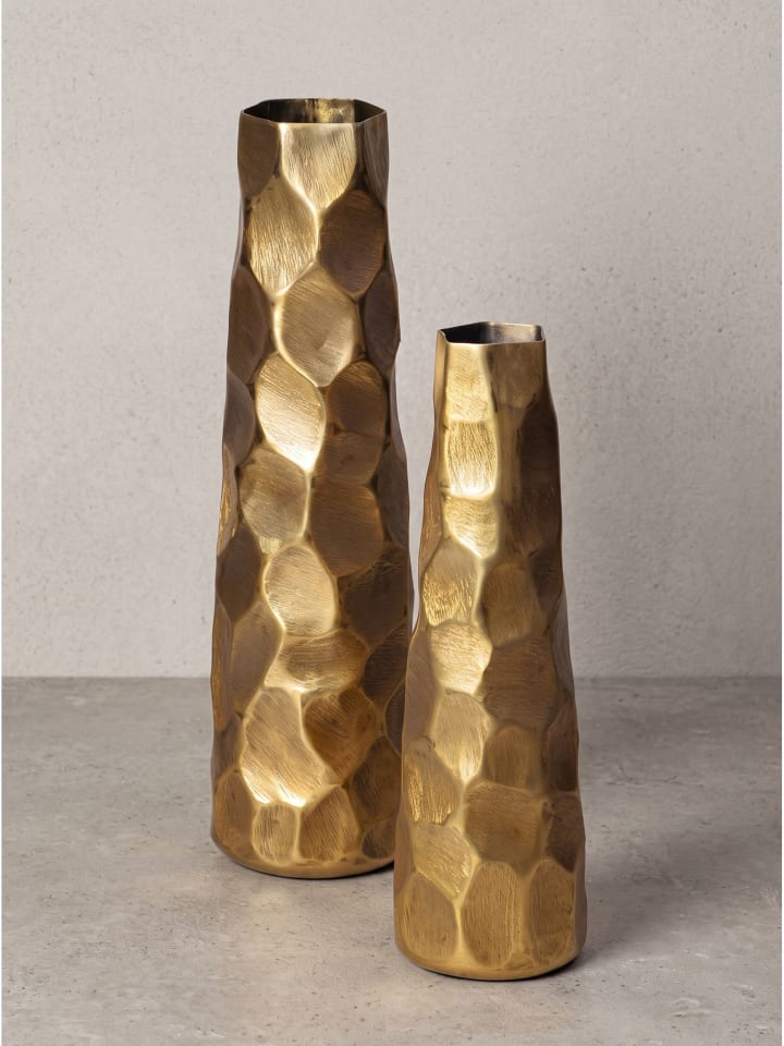 Vase 2er Set rund, massives gebürstetes Aluminium, Modern in Gold